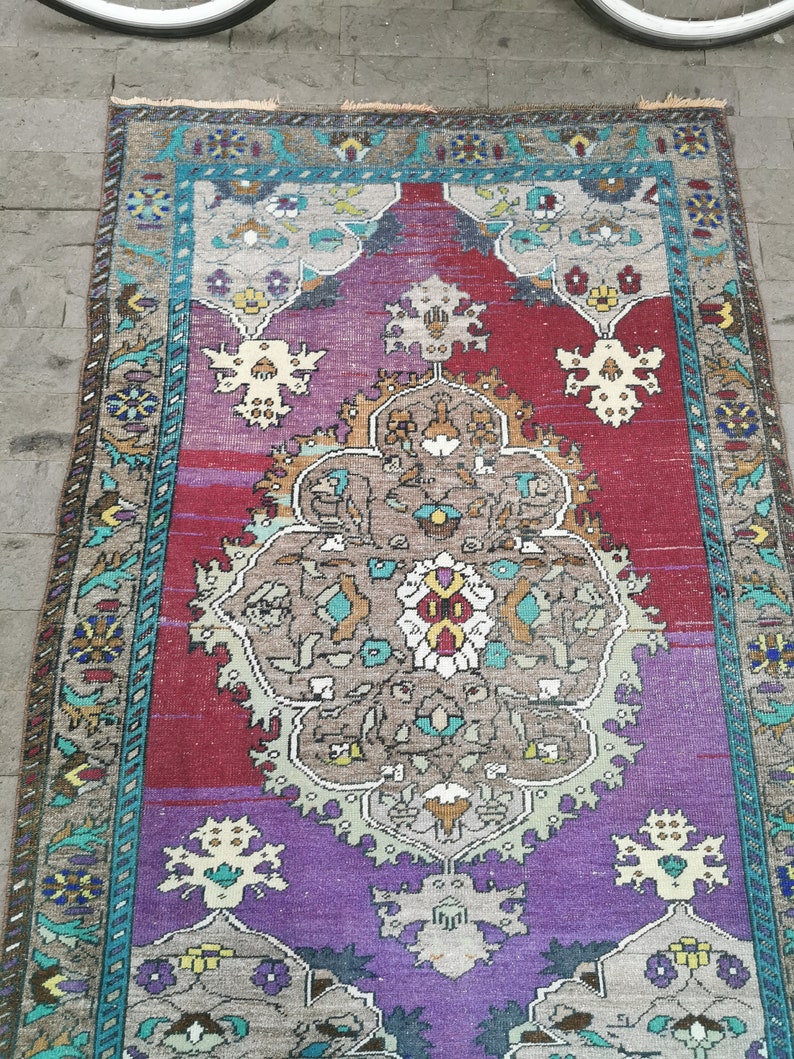 Urban Rug Distressed Rug Unique Oushak Rug Handmade Rug Runner Rug Antique Rug Boho Rug Turkish Rug Purple Accent Rug 4x5.8ft
