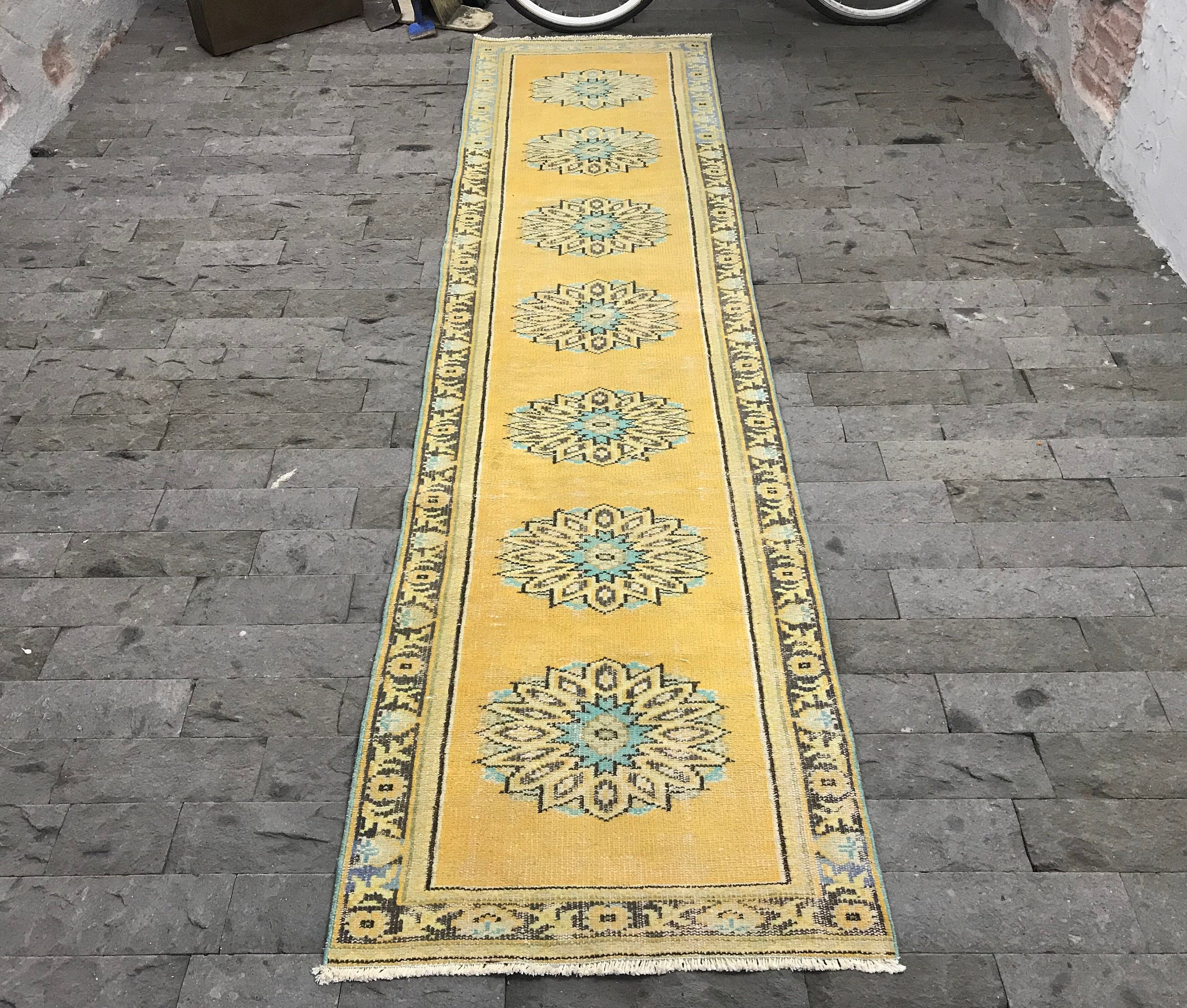 Yellow Runner Rug 2.6x10.6ft Vintage Mute Yellow Oushak Rug Etsy