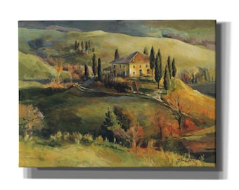May include: A painting of a yellow farmhouse in a green valley with rolling hills and a row of cypress trees. The sky is a soft blue with clouds.
