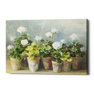 May include: A painting of several potted geraniums with white flowers and green foliage. The terracotta pots are arranged in a row against a light blue background. The artwork has a soft, painterly style.