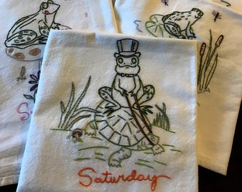 Hand Embroidered Cotton Kitchen Towels Seven Days a Week Frog Flour Sack Towels