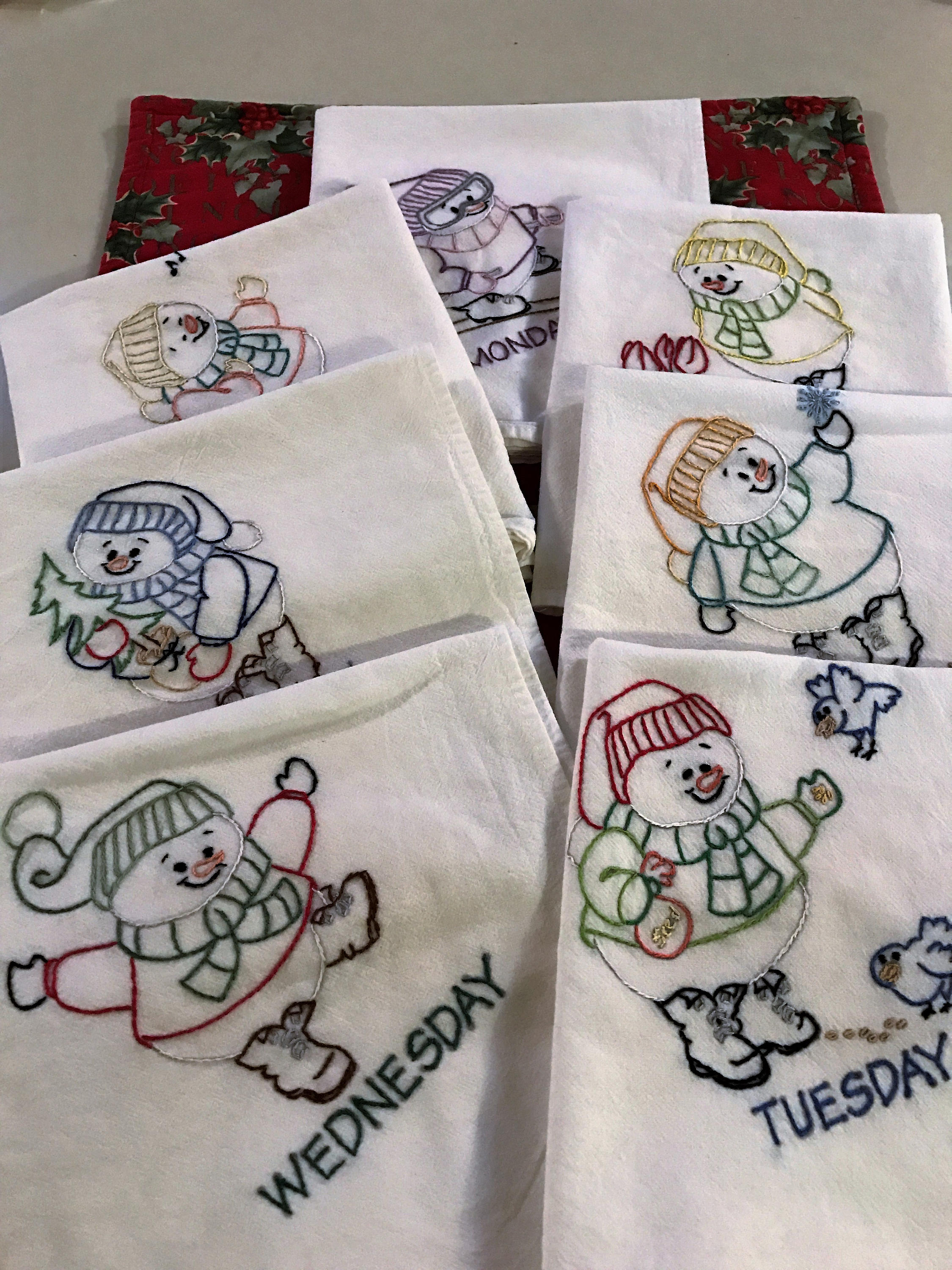Hand Embroidered Cotton Kitchen Towels 7 Days a Week Snowman Etsy