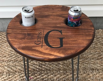 Patio Table, beer table, handmade personalized gift, wedding, anniversary, birthday, retirement, deck table, drink holder, RV, outdoor decor