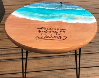 Patio Table, balcony table, Epoxy Resin Beach Art, handmade personalized gift, wedding, birthday, retirement, personalized gift for couples