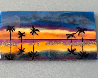 Hand painted resin wall art, beach decor, palm tree art, one of a kind art, sunset art, ocean art, beach wall art, gift for beach-lover