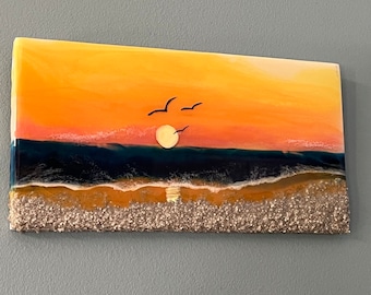 Resin wall art, hand painted art, beach decor, beach art, one of a kind art, sunset art, ocean art, beach wall art, gift for beach-lover