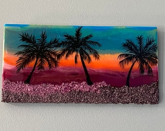 Resin wall art, hand painted art, beach decor, palm tree art, one of a kind art, sunset art, ocean art, beach wall art, gift for beach-lover