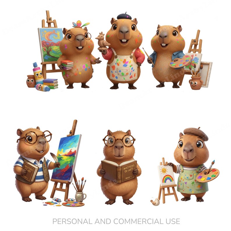 Capybara PNG Bundle,art Teacher, Transparent Clipart for Sublimation ...