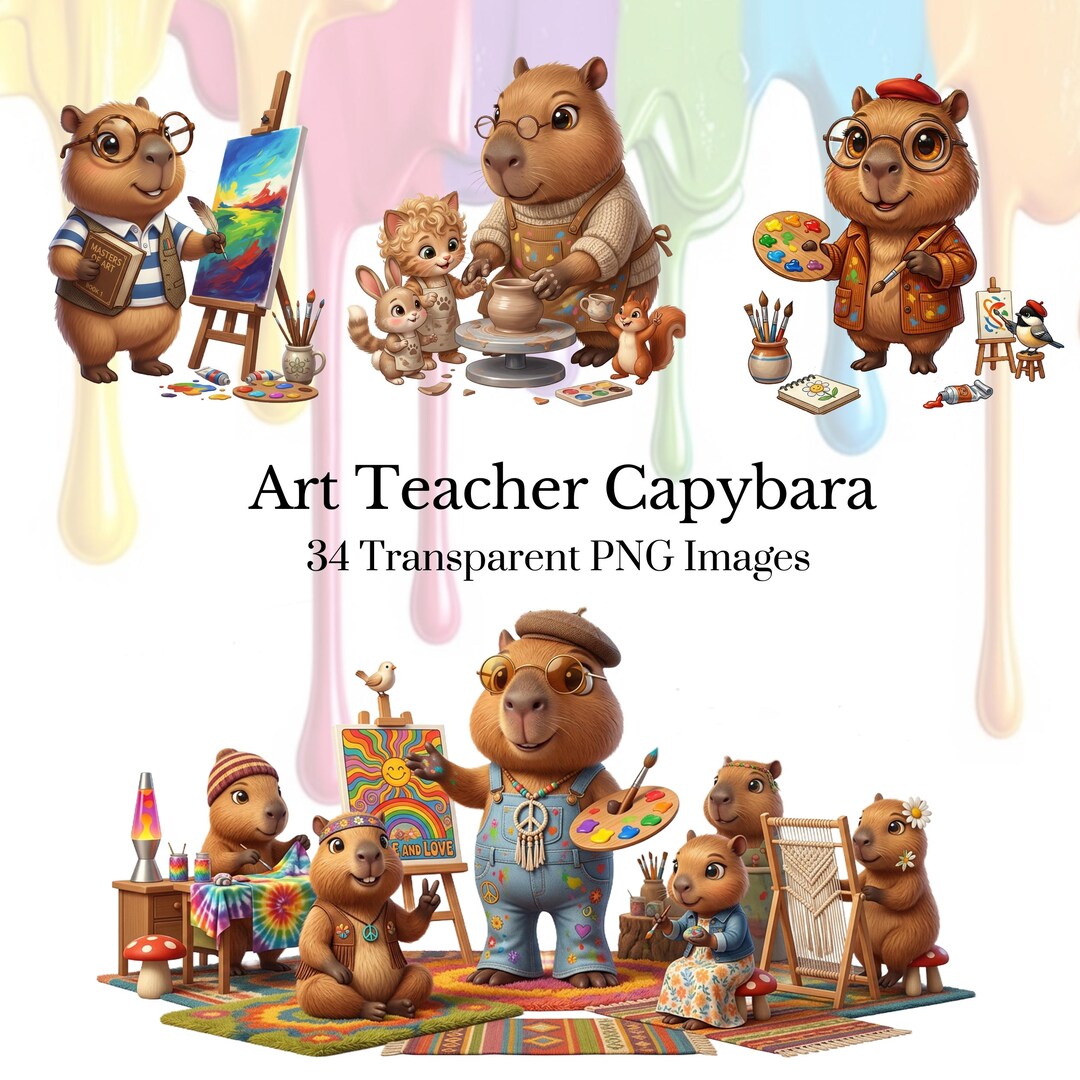 Capybara PNG Bundle,art Teacher, Transparent Clipart for Sublimation ...