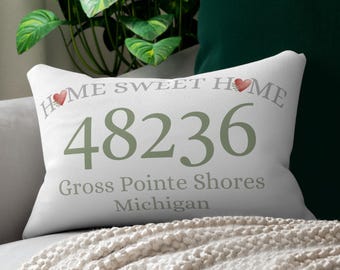 Lumbar Pillow Personalize with Zip Code, City and State OR with names | Watercolor Hearts & Stripes | Housewarming, Realtor Gift, Home Decor