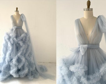 Blue Tulle Maternity Dress for Photo Shoot/Plus Size Maternity Gown/Baby Shower Dress/Photography Dress