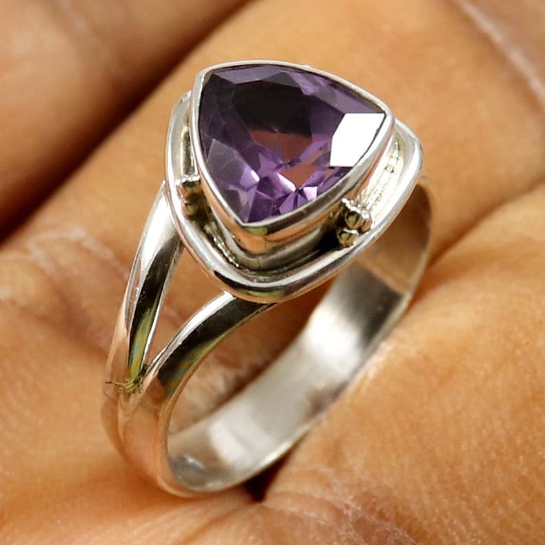 Vintage /& Birthstone Ring Natural Amethyst Trillion Shape Gemstone US-6.5 RC-57 Handmade Solid 925 Sterling Silver Ring Jewelry