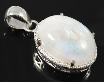 Silver Pendant Rainbow Moonstone Gemstone Cabochon 925 Sterling Silver Pendant Oval Shape Pendant Handcraft Jewellery Necklaces GTPE-06B