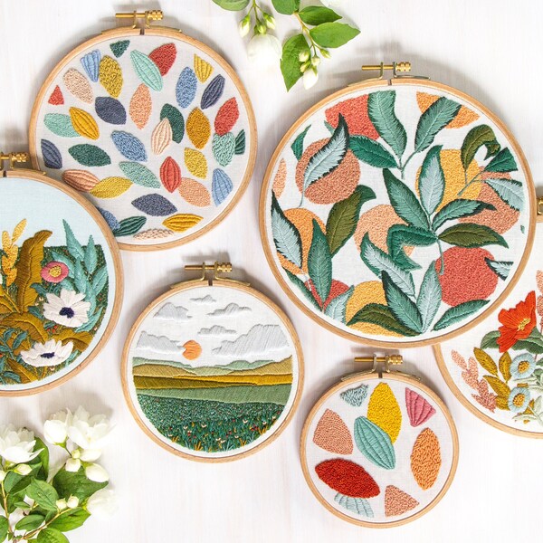 Paquete de colección Meadows. Cuatro patrones de bordado. Manualidades de bricolaje. Arte del aro. Coloridos diseños de bordado. Bordado abstracto. paisaje floral