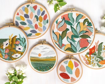 Meadows Collection Bundle. Four Embroidery Patterns. DIY Craft. Hoop Art. Colorful Embroidery Designs. Abstract Embroidery. Floral Landscape