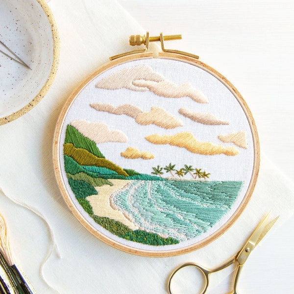 Hidden Beach Embroidery Pattern Digital PDF for DIY Craft. Embroidered Hoop Art. Hand Embroidery. Instant Download File.
