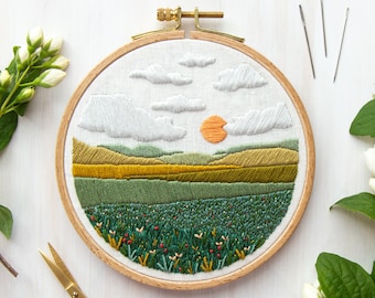 Mini Meadow Embroidery Pattern. DIY Embroidery Craft. Landscape Art Embroidery Hoop. Meadow Landscape Scene. Instant Download Pattern.