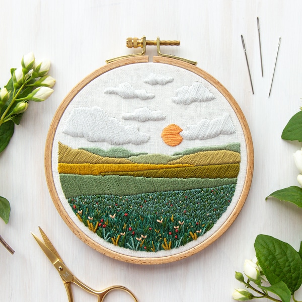 Mini Meadow Embroidery Pattern. DIY Embroidery Craft. Landscape Art Embroidery Hoop. Meadow Landscape Scene. Instant Download Pattern.