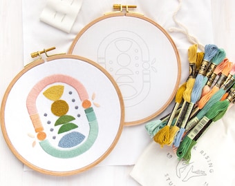 Horizon Embroidery Kit. Geometric Colorful Embroidery Pattern Design. DIY Craft Embroidery Supplies. Hand Embroidery Kit Materials.