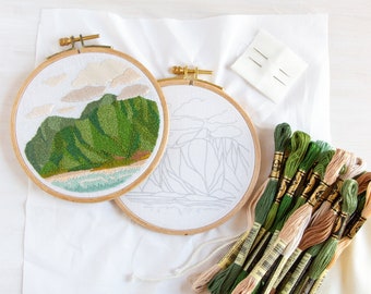 Somewhere to Lava Embroidery Kit. Hand Embroidery DIY Pattern and Kit. Island Tropical Vacation Landscape Design.