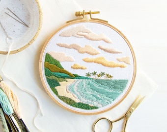 Hidden Beach Embroidery Pattern Digital PDF for DIY Craft. Embroidered Hoop Art. Hand Embroidery. Instant Download File.