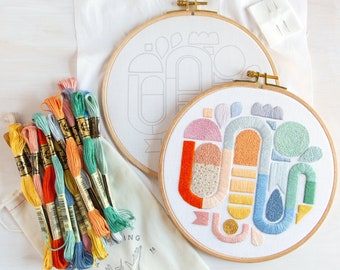 Over the Rainbow Embroidery Kit. Geometric Embroidery Pattern and Kit. Colorful DIY Craft.