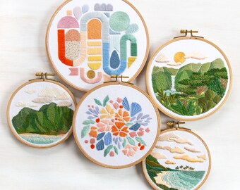 Paradise Pattern Complete Set. 5 DIY Embroidery Patterns. DIY Craft. Hand Embroidery Patterns. Digital Instant Download PDF files. Hawaii