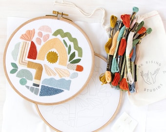 Coastal Formations Embroidery Kit. Geometric Embroidery Design and Embroidery Supplies. DIY Craft Kit. 7" Embroidery Hoop.