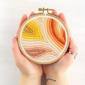 May include: A hand-stitched embroidery hoop with a colorful abstract design in shades of yellow, orange, and brown. The design resembles a topographic map or geological formation.