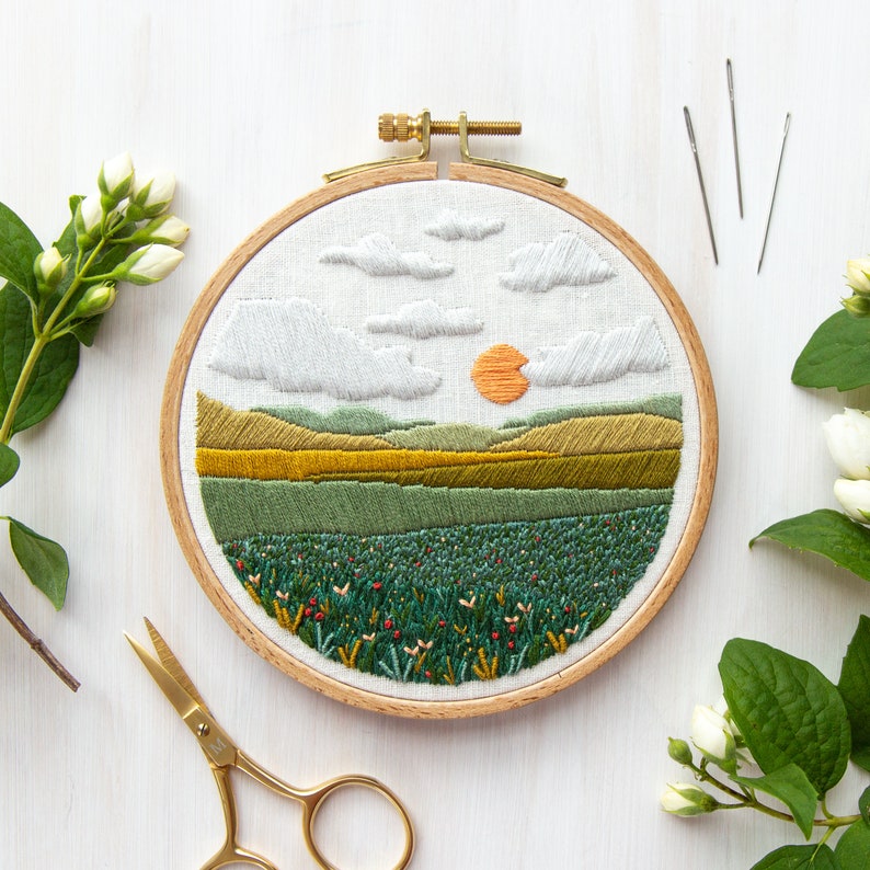 Mini Meadow Embroidery Pattern. DIY Embroidery Craft. Landscape Art Embroidery Hoop. Meadow Landscape Scene. Instant Download Pattern. image 1