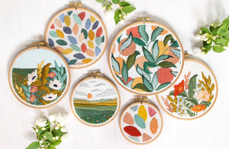 Meadows Collection Bundle. Four Embroidery Patterns. DIY Craft. Hoop Art. Colorful Embroidery Designs. Abstract Embroidery. Floral Landscape image 1