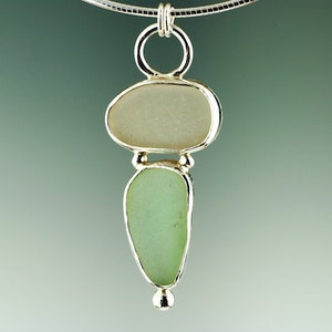 Silver Pendant Sea Glass with Modern Pebble Form and connected by Silver Beads, Artist Made, Jacqueline Galusha Handmade Jewelry
