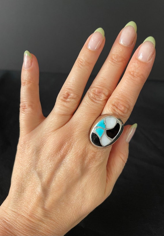 Mens Vintage Silver Turquoise and Black Onyx Ring 