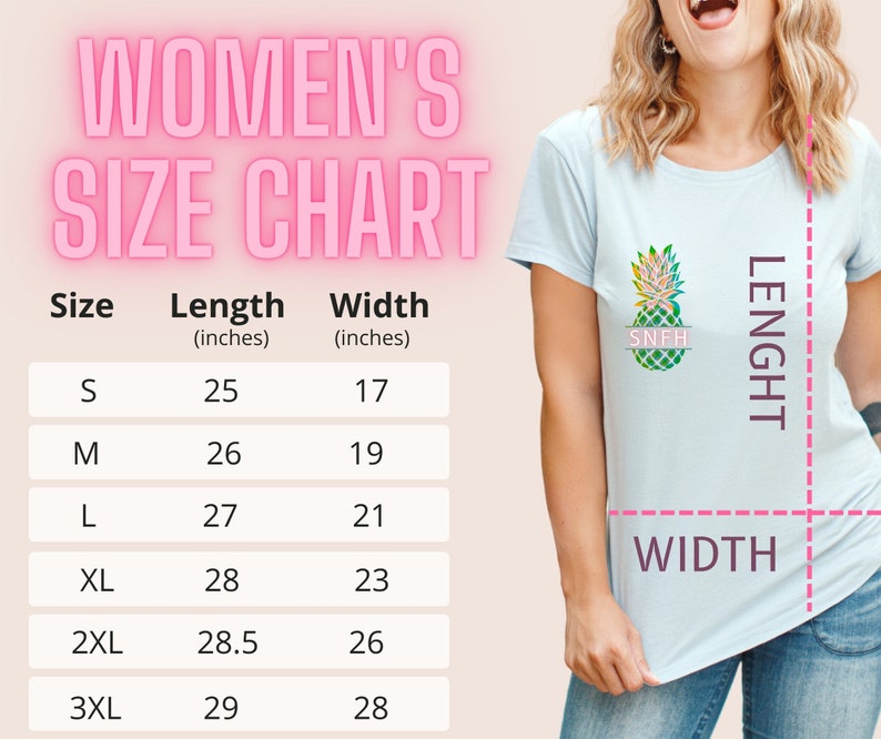 May include: A size chart for women's t-shirts with measurements in inches. The chart shows the length and width of the shirts in sizes S, M, L, XL, 2XL, and 3XL.