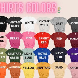 May include: A chart showing 20 different t-shirt colors, including black, white, grey, red, blue, green, yellow, orange, pink, purple, and brown. The colors are displayed on a white background.