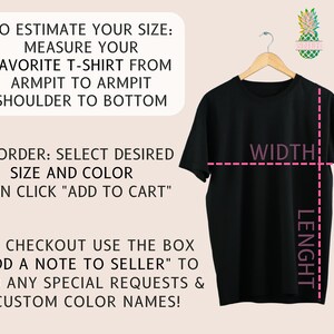 May include: Instructions on how to measure a t-shirt to determine the correct size. A black t-shirt is shown with lines indicating the width and length measurements.