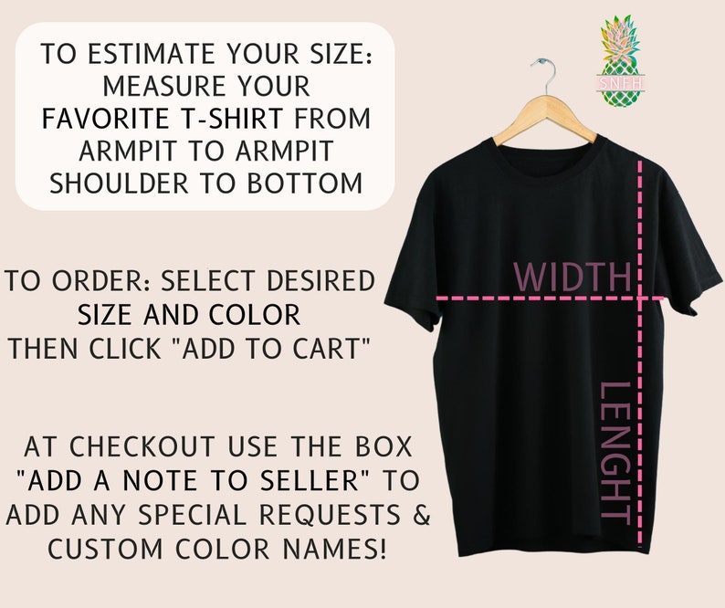 May include: Instructions on how to measure a t-shirt to determine the correct size. A black t-shirt is shown with lines indicating the width and length measurements.