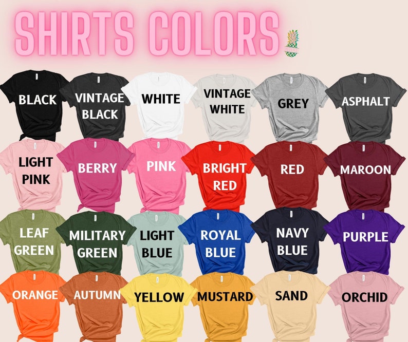May include: A chart showing 20 different t-shirt colors. The colors are arranged in four rows of five colors each. The colors are: black, vintage black, white, vintage white, grey, asphalt, light pink, berry, pink, bright red, maroon, leaf green, military green, light blue, royal blue, navy blue, purple, orange, autumn, yellow, mustard, sand, and orchid.