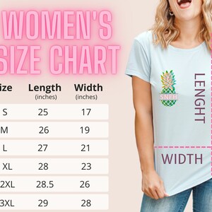 May include: Light blue t-shirt with a colorful pineapple graphic and the text "SNFH". The image includes a size chart with measurements in inches for length and width, ranging from size small to 3XL.