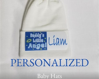 Personalized Newborn Hat, with Daddy's Little Angle. Boy Baby Hat Personalized. White Hospital Beanie, Infant Beanie, Personalized.