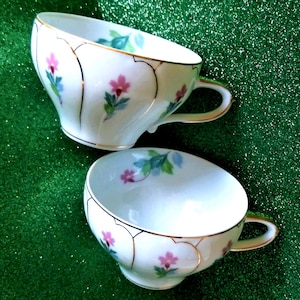 Antique Japanese Teacup Duo • Hand‑Painted Porcelain • 22k Gold Trim • Translucent Fine China