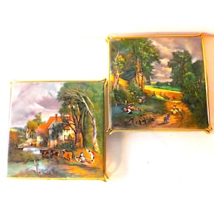 Vintage Brass Trivet Set • Dutch Blue Transferware Tiles • Mid‑Century Kitchen & Wall Decor