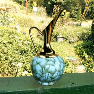 Vintage Delft Pitcher • Holland Signed Mint‑Green Ceramic & Brass • Mid‑Century Bud Vase