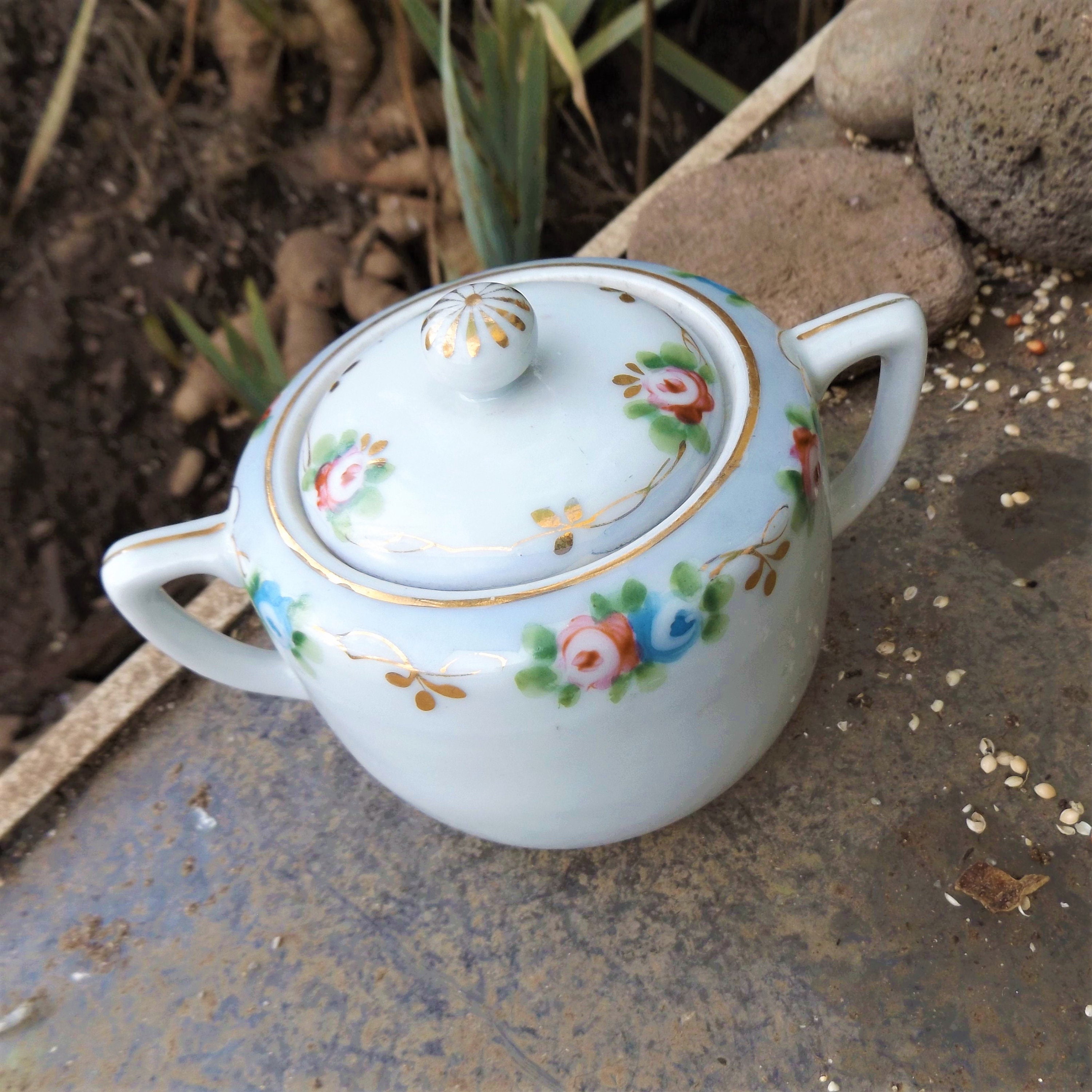 Antique Ceramic Sugar Bowl Painted Pot Jar with Lid Etsy