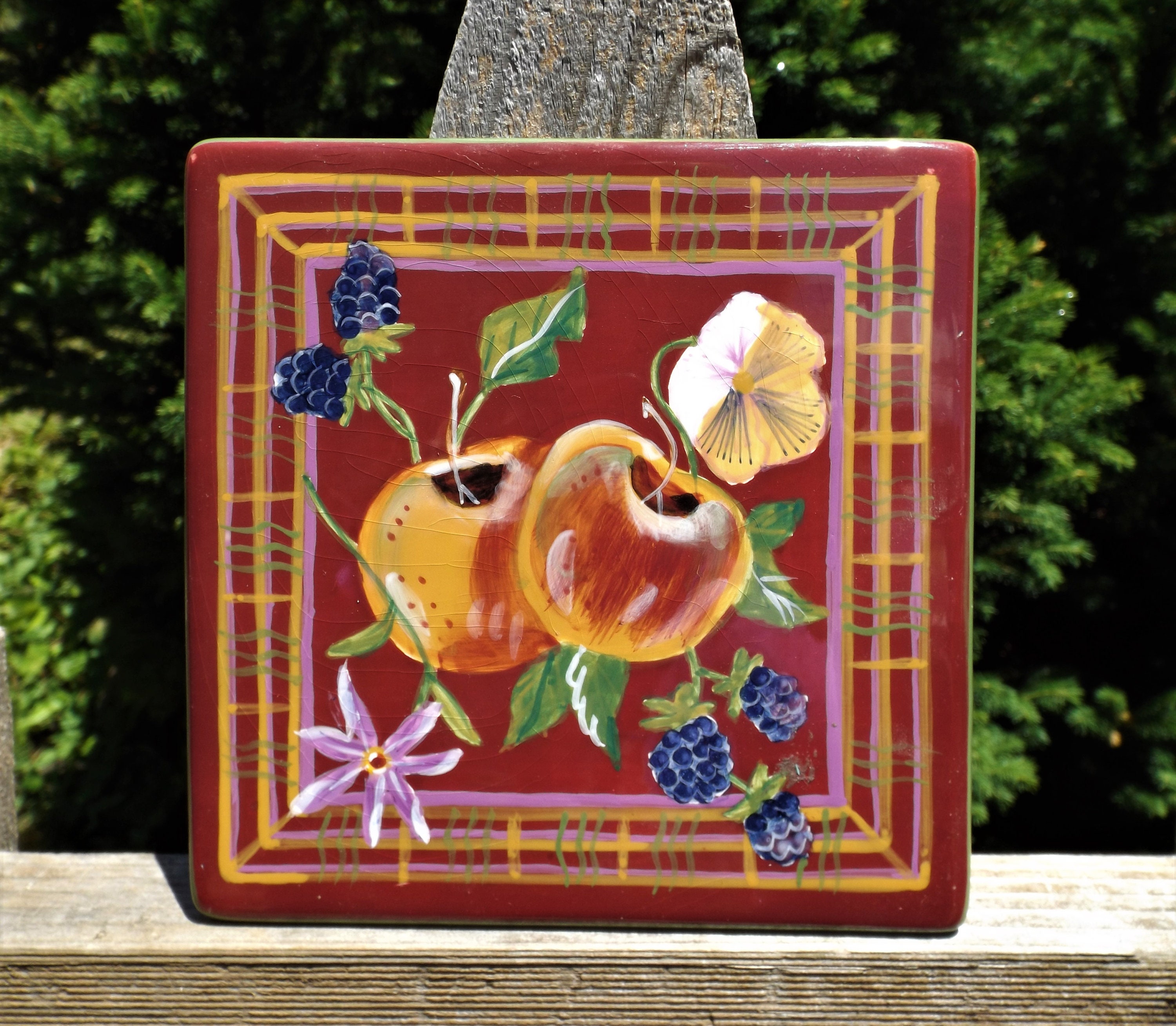 Ceramic Tile 6 Hand Painted Burgundy Kitchen Decor Etsy