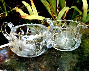 1940s American Brilliant Cut Crystal Creamer & Sugar Set • Hibiscus Hobstar Pattern