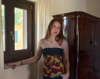 NEDA – サイドパネル付きハンドメイド調節可能ワックストップ – デニムインサート付きレディーストップ - サイズM / バイテックスボーン入りコルセット - アフロワックス サイズM