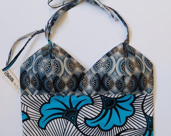 ZABRA S – Top africano de cera hecho a mano con lúrex. Copas y cintura ajustables. Top africano de cera hecho a mano. Copas y cintura ajustables.