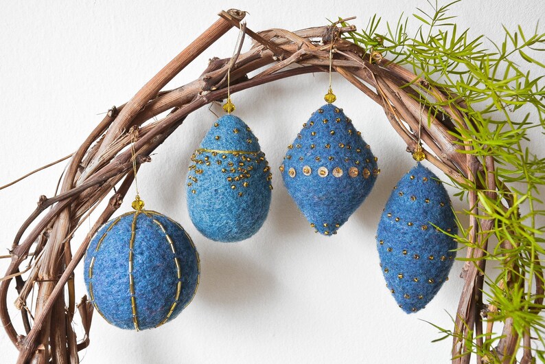 Set of 4_Handmade Felt Christmas Ornament_Blue & Gold/Silver image 1