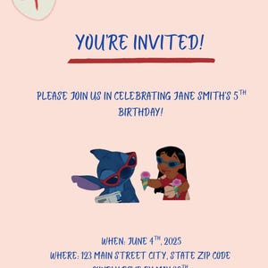 Convite de aniversário rosa da Lilo & Stitch | Convite editável para festa de menina | Download digital